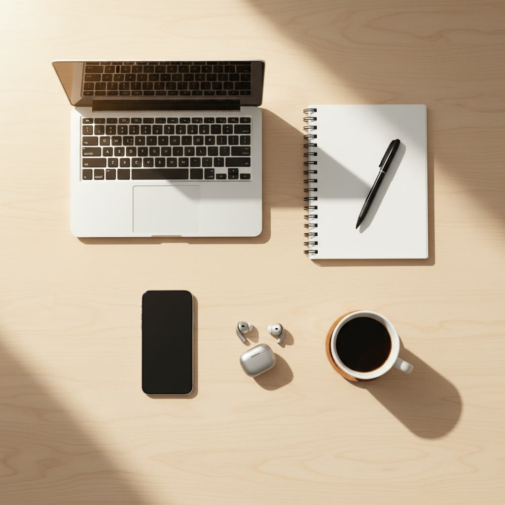 Aufgeräumter Workspace mit Laptop und Notizblock