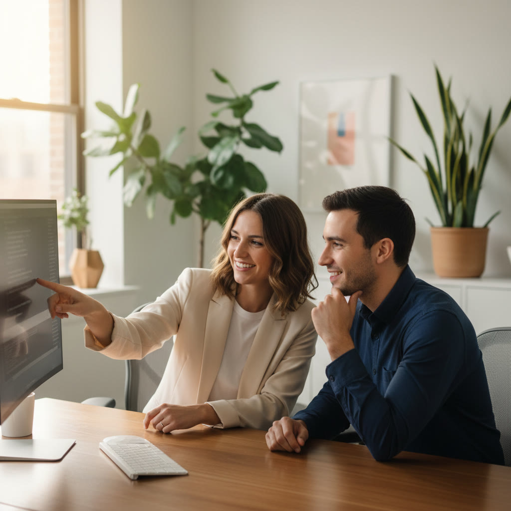 Zwei Personen arbeiten zusammen am Bildschirm